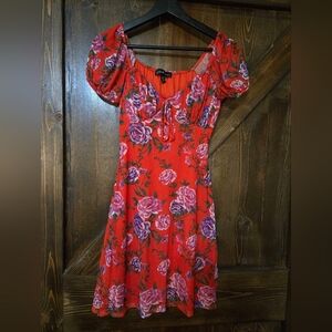 Floral Puff Sleeve Dress in Red and Purple